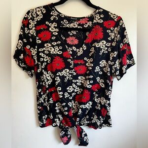 Madewell Black and Red Hillside Daisies Floral V-neck Tie Front Blouse